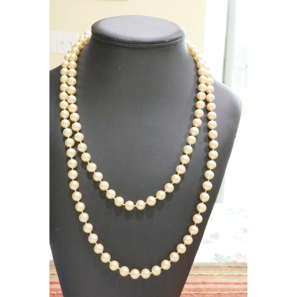 Long Faux Golden Pearl Necklace - 47" Long Spaced Plastic Pearls